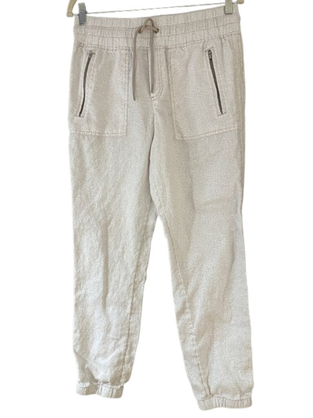 Athleta Cabo Linen Joggers Leopard Print Drawstring Pants Zip Pocket